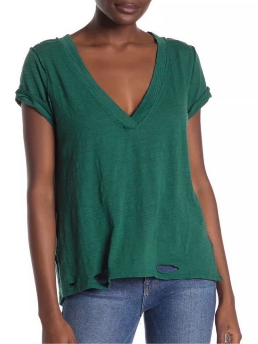 Free People We the Free Deep V-Neck Distressed Short Sleeve Tee in Green size S